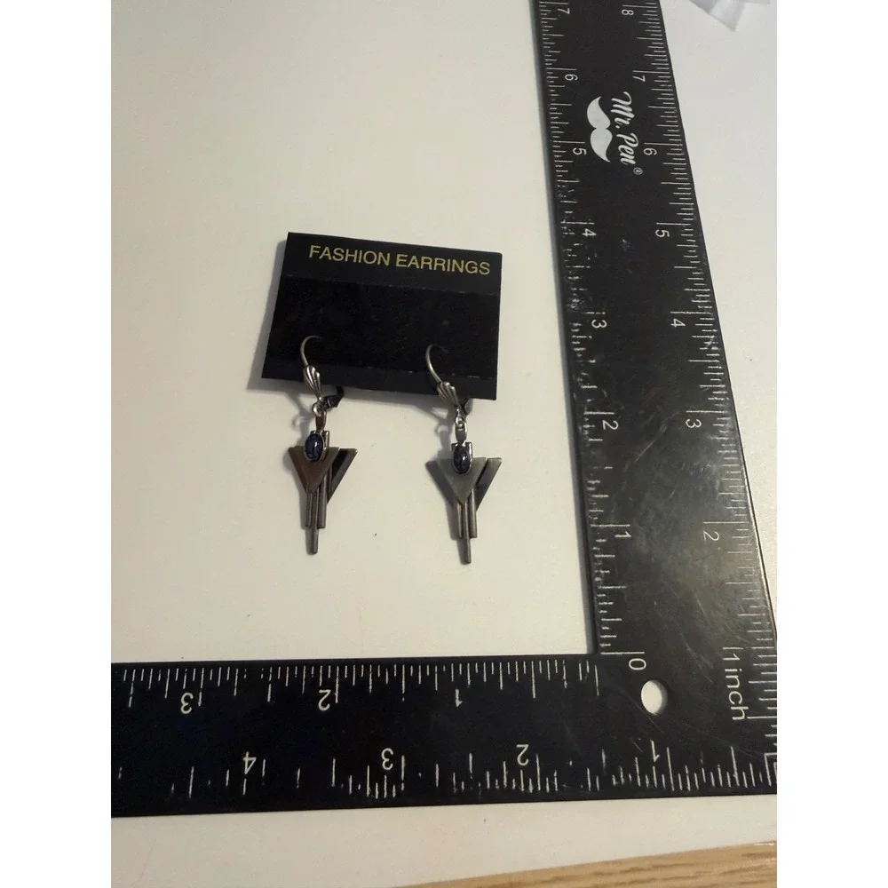 Gunmetal Art Deco Geometric Drop Earrings Blue Cabochon Lever Back 2 Inch